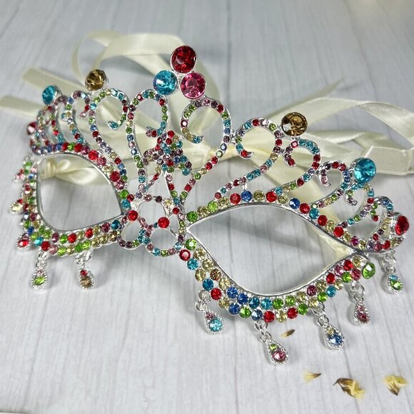 Venetian Masquerade Mask, Mardi Gras Silver Mask, Rainbow Teardrop Mask, LGBTQ - Picture 1 of 3